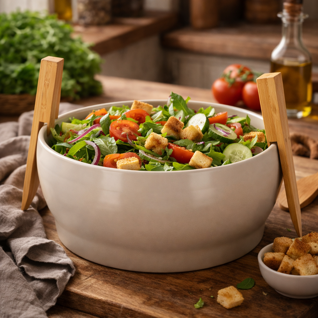 Saladeschaal Met Bestek Steengrijs - Afbeelding 2