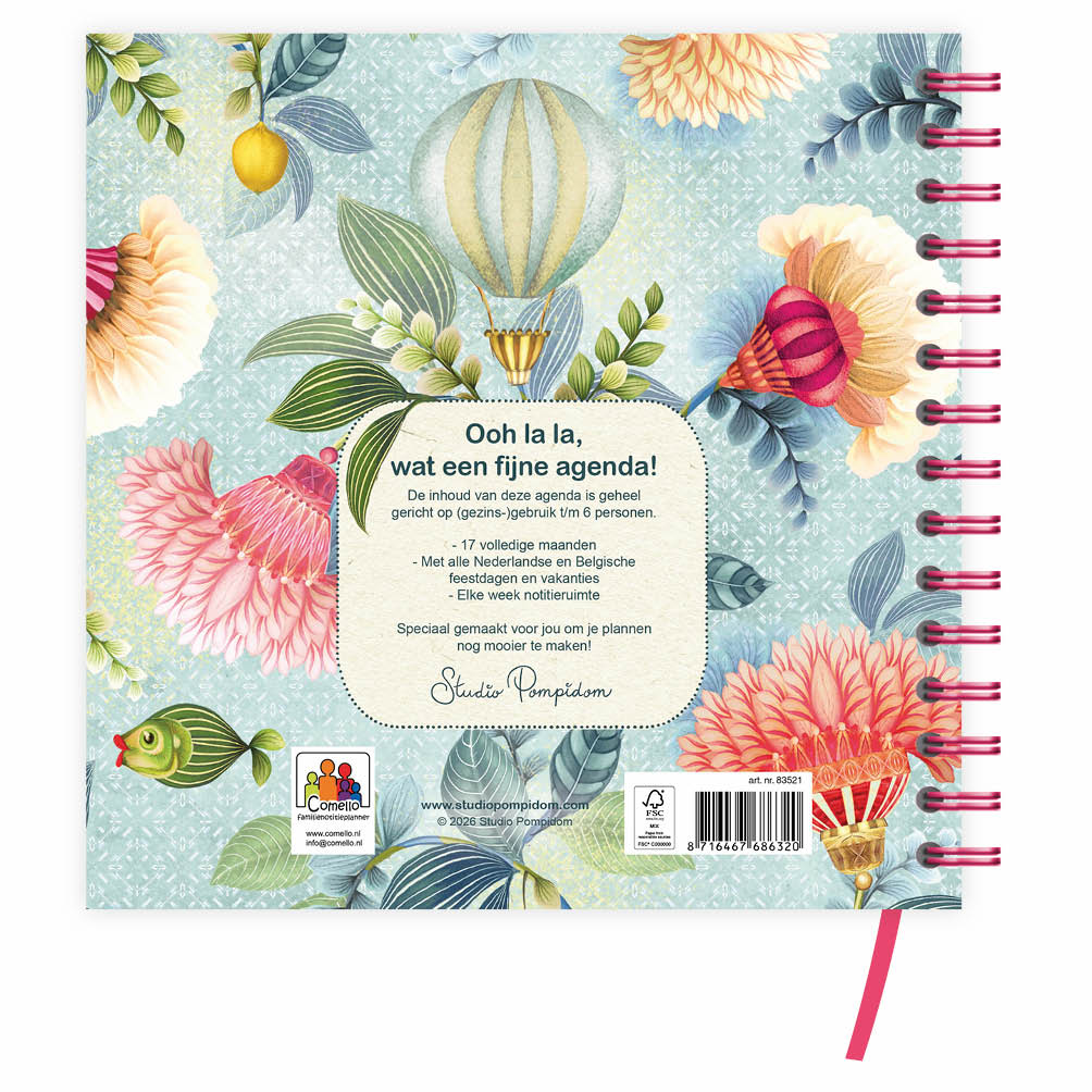Studio Pompidom 17-maands Familienotitie-agenda 6-pers. (harde kaft) Floral Balloon 2027 - Afbeelding 3